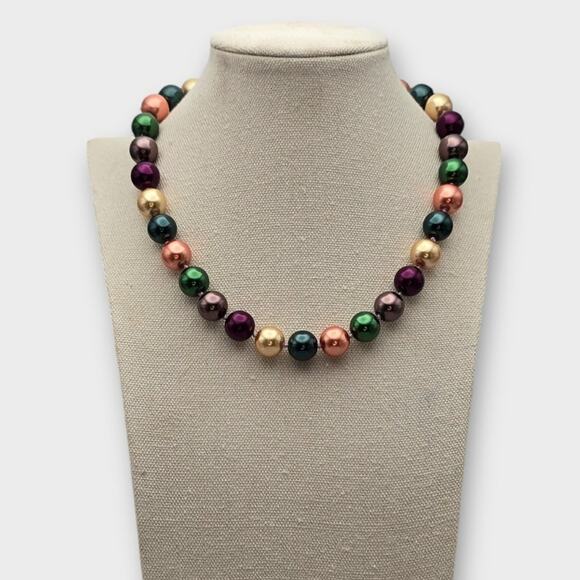 Red Gold Champagne Multi Color Pearl Beaded Statement Necklace Y2K Holiday Glam - Picture 2 of 8